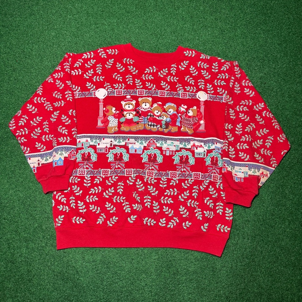 Vintage 80s 90s Christmas Retro Puff Print All Over Red Small Ugly Sweater